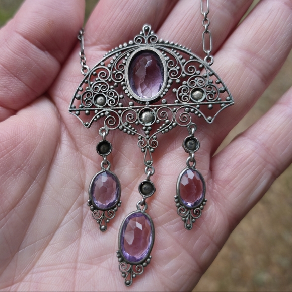 Edwardian Rose De France Amethyst 800 Italian Silver Antique Necklace - Picture 3 of 4
